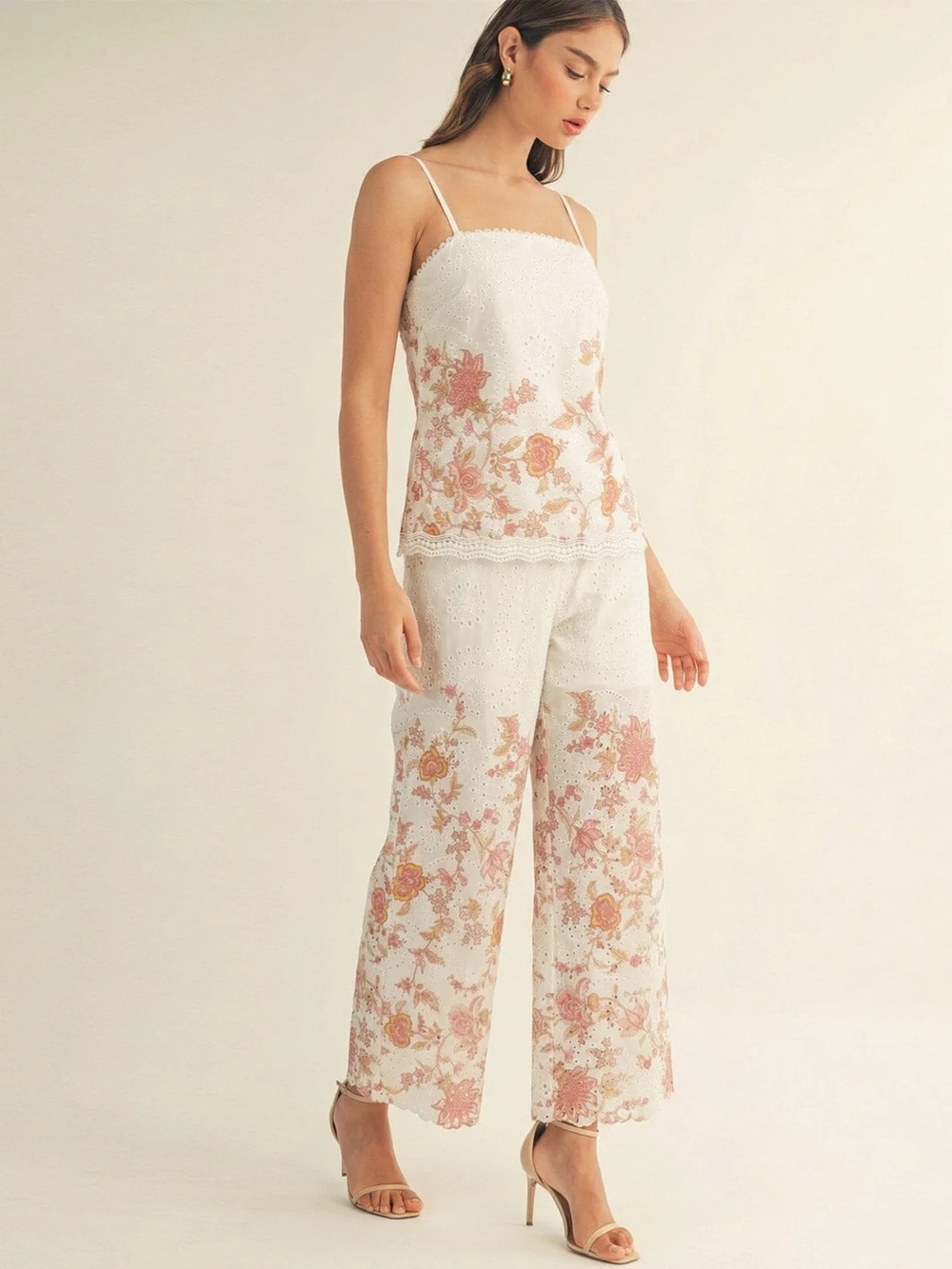 Just Me White Eyelet Floral Two-Piece Tank & Wide Leg Pant Set - Picture 2 of 4